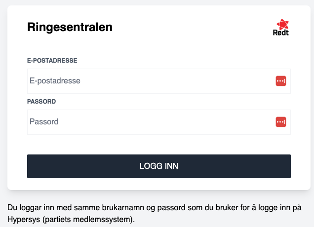 The login page of Ringesentralen
